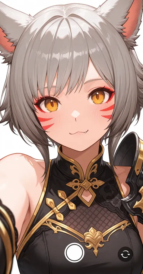 Masterpiece, Anatomically Correct, High Resolution, High Quality, 
Close up, portrait shot, selfie, focus on face, dynamic pose, 

Miqote ears, ffxiv, final fantasy,
Cute, grey hair, amber eyes, red whisker face paint, black with gold accents chinese dress...