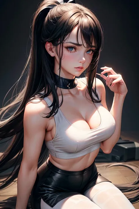 Jenna, very long black hair, high ponytail tied with a large bow, (best quality,4k,8k,highres,masterpiece:1.2),ultra-detailed,(realistic,photorealistic,photo-realistic:1.37),detailed portrait, cinematic lighting, natural skin texture, intricate details, dr...