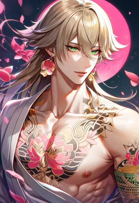 (absurdres, highres, ultra detailed, HDR), master piece, best quality, perfect face, delicate features, vibrant green eyes, solo, man, handsome, Taishakuten, ash-blond hair, hair between the eyes, white tunic, showing the chest, lotus earrings, onmyoji, pi...