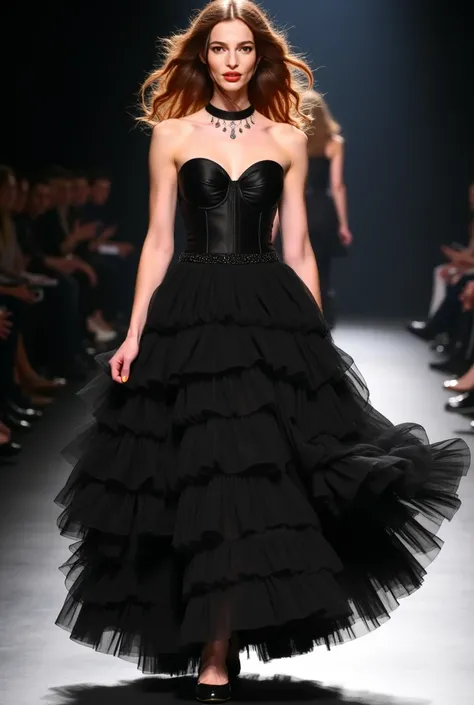 a young woman with chestnut curls walks from the front of the catwalk. black shoes on her feet. a choker on her neck. dress: tight black com e corset and a lush multi-layered floor-length skirt. the hem flares when she moves