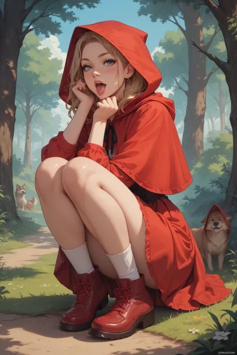 The Big Bad Wolf is on his knees licking invisible peanut butter off grown up Red Riding Hood's crotch 