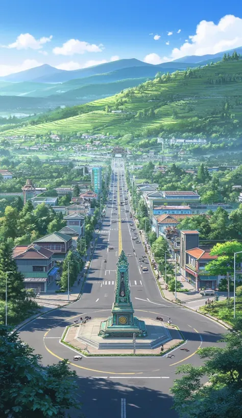 Make an anime style background, roundabout in the middle of the road there is a monument (Cianjur city, West Java, Indonesia), on the side of the road there are many houses and shops, Cianjur City, surrounded by tea plantations and green mountains, at the ...