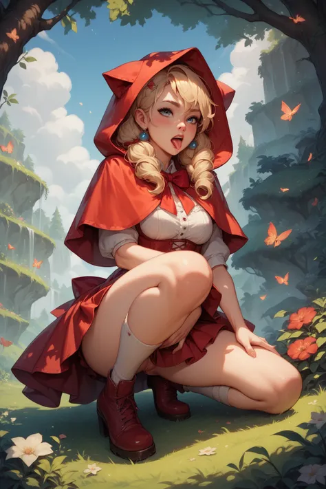 The Big Bad Wolf is on his knees licking invisible peanut butter off grown up Red Riding Hood's crotch 