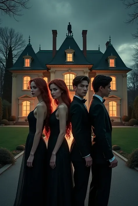  A group of four young adults of approximately 25 years old  ( two women and two men)  is standing in front of an elegant and mysterious mansion .  The atmosphere is luxurious ,  mystery and elegance , with a dark sky that highlights the details of the sce...