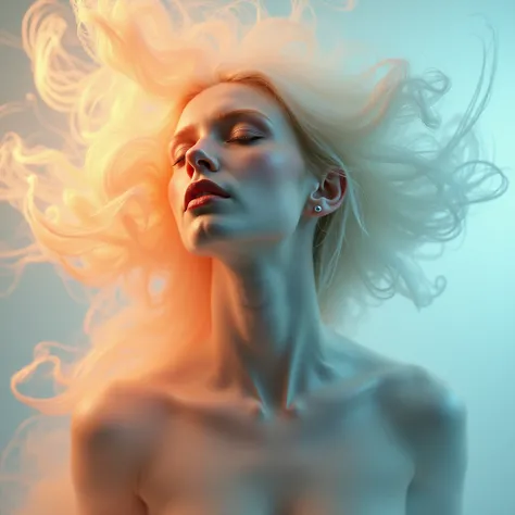  A hyperrealistic portrait of a beautiful young woman  ( Edurne  ) white-faced , with a very pale face and an ecstatic appearance, with your eyes closed . She is naked without clothes but a thick multicolored ,  smoke with beautiful swirls cover her entire...