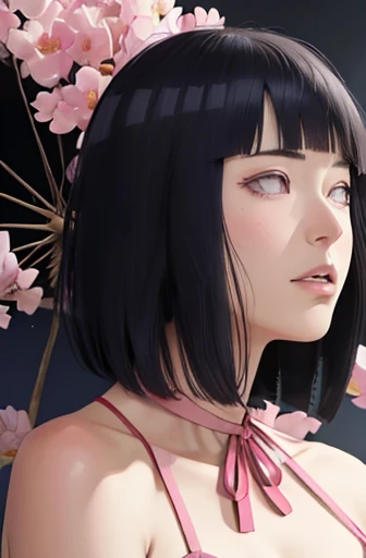 masterpiece, absurdres, hinata\(boruto\), 1girl, solo,mature female, spaghetti strap square neck, high waist short skirt, looking at viewer, (falling petals), perfect composition, detailed lips, big breast, beautiful face, body propotion, blush, (pink lips...