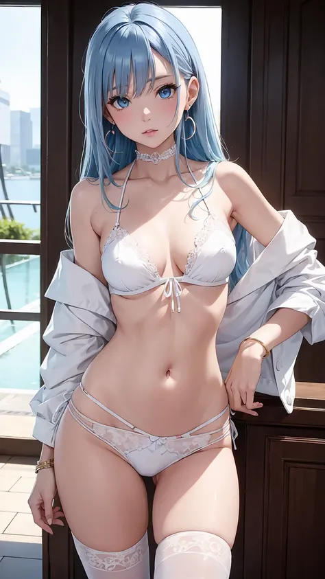 masterpiece, super high resolution、 best quality、 Hotel Bars、 Sexy Poses、 light blue hair 、 long hair:1.2, blue eyes,  sexy look 、 tilts its head、 Big Earrings :1.5、 model stand、 small breasts、 slim body 、 thin waist、 feet , cowboy shooting、White Lace Band...