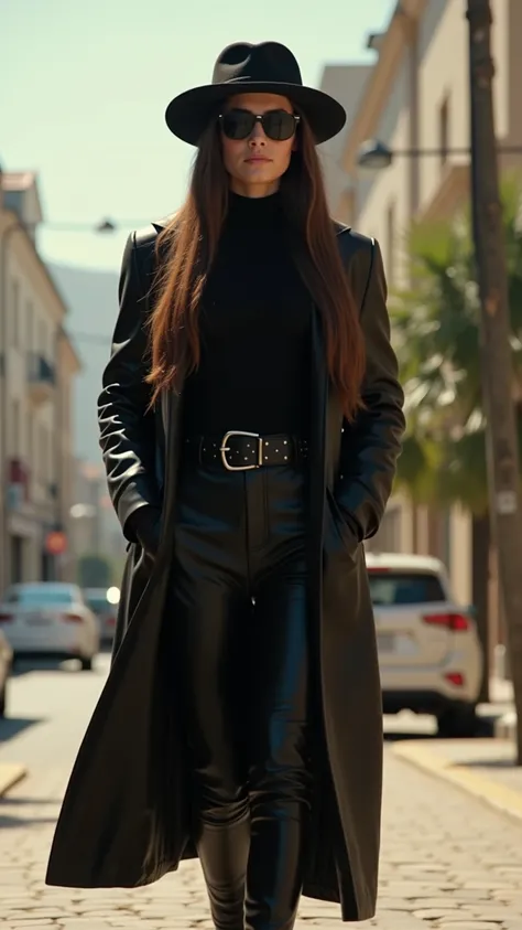 A tense and watchful Tenille Dashwood in her early 30's with very long straight brunette hair and a petite yet defined hourglass figure wearing a black wide-brimmed hat and black sunglasses dressed in a black turtleneck under a very long black ankle-length...