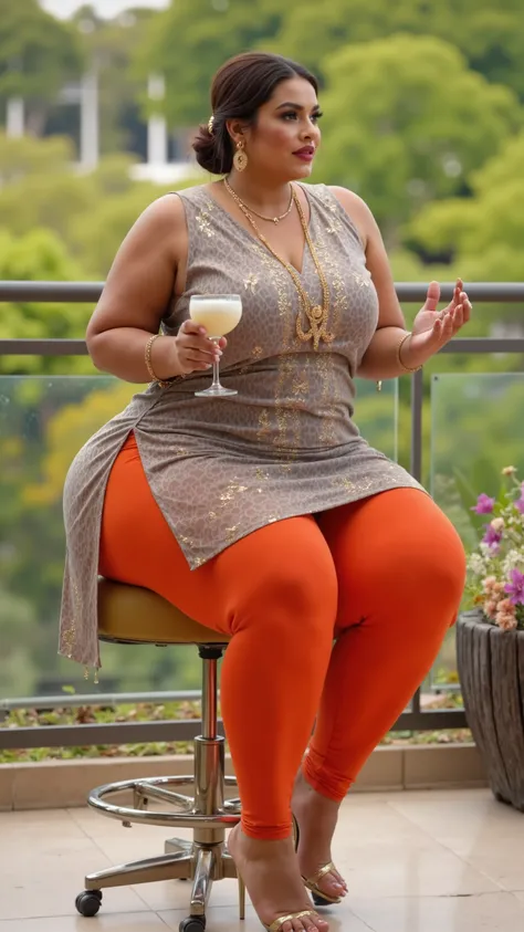 I am 40 year old plus size tall and big giant indian muslim women, looking like indian actress hansika motwani, wearing a gold boarded Sleevless transparent gray colour kurti ,and shining reflective glossy very tight bright orange leggings,golden nose ring...