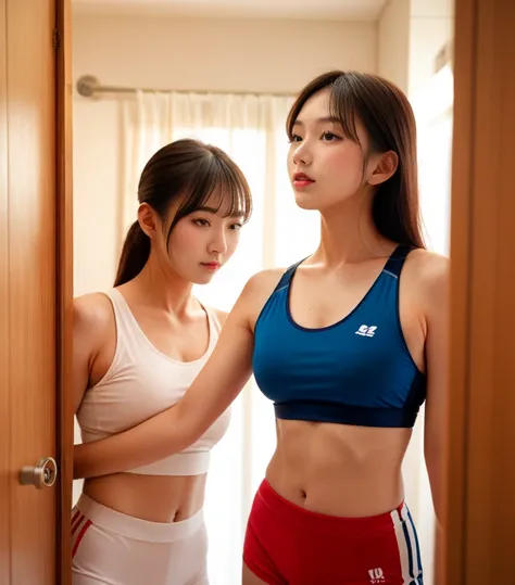 (Photorealistic), ((Two women)), Sports Bra, In line, Changing Room, Korean beauty, Japanese