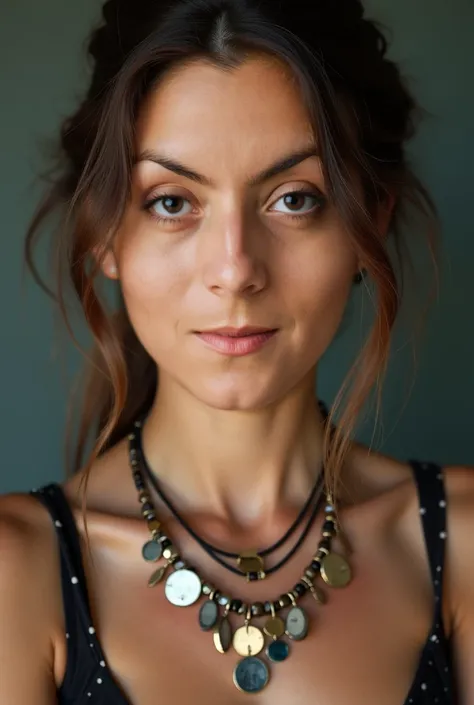  Arafed woman with a necklace and a necklace on her neck, portrait photo, Photo of a woman,  wearing several pendants , woman with porcelain skin, I had a photo, Portrait of a 32-year-old woman, Malika Favre, 50mm portrait, Close-up of full face , Magdalen...