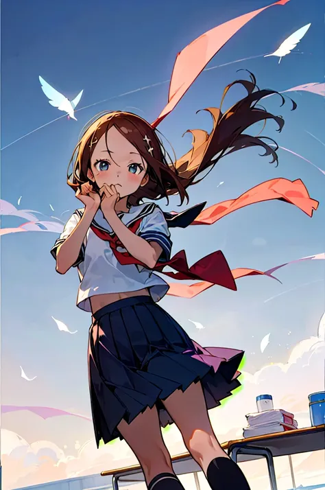 formula wallpaper、   1 girl、 Teasing Master Takagi-san Takagi-san、((( school uniform )))、 standing、 has hair fluttering in the wind、 simple background