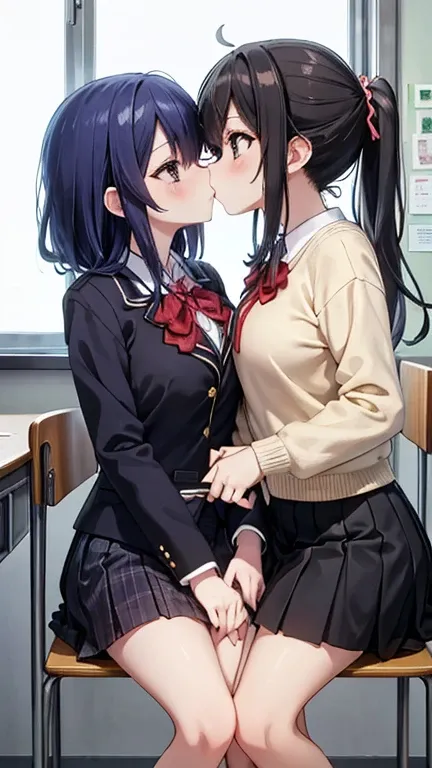 ( two women sitting next to each other:1.2), high school girl, Japanese,(Kissをしている:1.2),Kiss,uniform, school classroom,　　最 high quality、 high quality、超 high quality、 8k resolution、masterpiece、 Details、非常に Details、extremely detailed、 Super Fine、 super high ...