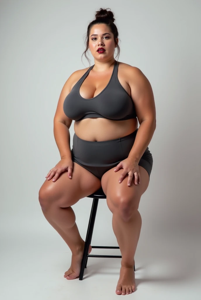 Wide shot of a stunningly beautiful massively muscled but curvy young woman, her whole body is in frame. She is upright sat on a stool for a photoshoot. The stool is on a white canvas. She is facing the viewer. ((((((She is very curvy with massive breasts)...