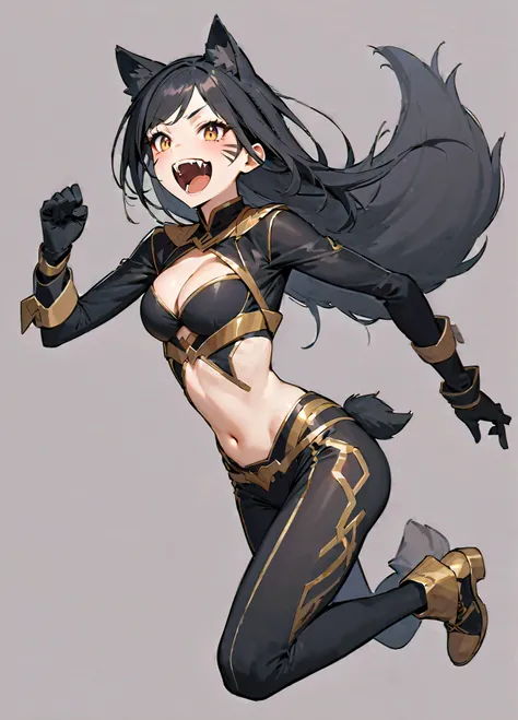 masterpiece, best quality, 1girl, solo, d3lta, wolf ears, black hair, long hair, facial mark, wolf tail, black bodysuit, cleavage cutout, gold trim, navel, black gloves, fur trim, black pants, black shoeschibi, dot eyes, simple background, fangs, open mout...