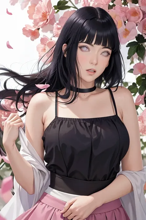 masterpiece, absurdres, hinata\(boruto\), 1girl, solo,mature female, spaghetti strap top, high waist mini skirt, looking at viewer, (falling petals), perfect composition, detailed lips, big breast, beautiful face, body propotion, blush, (pink lips), long h...