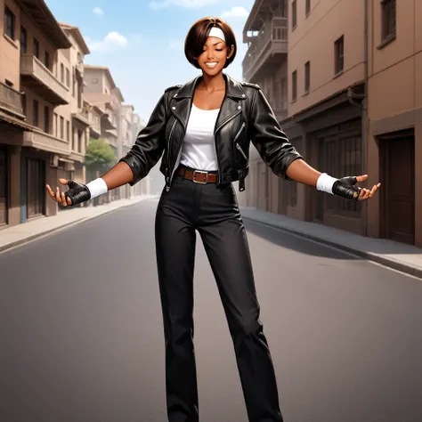 1Girl, solo, voluptuous, dark hair, shorthair, red eyes, narrow eyes, medium build, brown skin, (threeness: 0.8), she is wearing ((black leather jacket with rolled up arms)), open jacket, fingerless gloves, white T-shirt, ((white headband)), black pants, w...