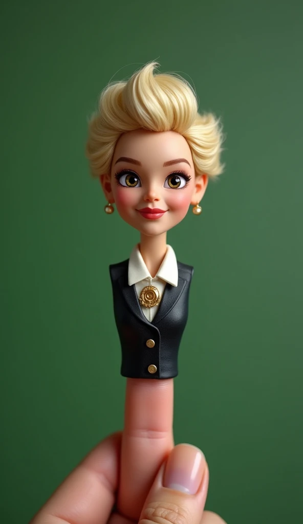  Create a realistic photo of a puppet style character. The character is female and is called 'Dedita Carla'.  The character is a human finger with short and elegant blond hair ,  expressive eyes and a confident smile .  The character's head is the first ph...