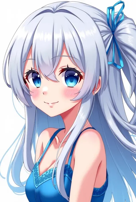 Anime girl 2D, long white hair with blue locks, pale skin and pink lips, His dark blue eyes,  smiling 