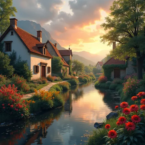 a small village by the river,  floral flowers colorful, detailed landscape, Beautiful natural landscapes, atmospheric lighting, scorching sunset, warm colours, practical, photopractical, Detailed Foliage,  Charming country house, swirly vibrant colors, lus...