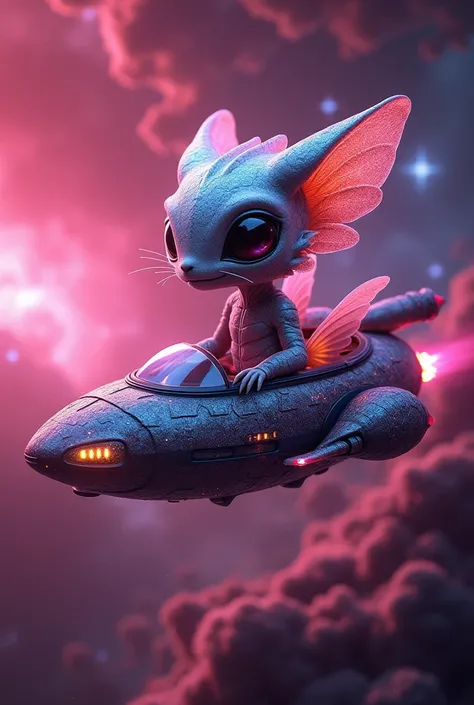 Charming extraterrestrial creature in a futuristic ship, navigating through a gothic pink galaxy. Its body is adorned with iridescent and glowing scales, capturing light in an extraordinary way. The environment pulses with molecular energy, filling the spa...