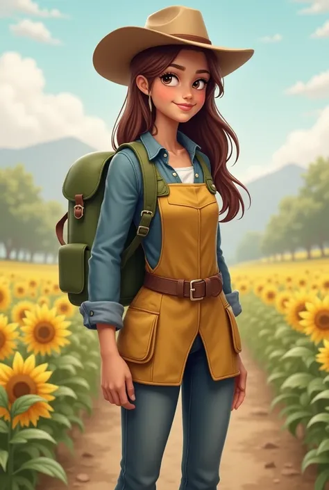 Generate a character whose profession is agricultural engineering, She is a female of about 28 years old, His hair is long and brown, Her eyes are brown and she is dressed in a farmer-style outfit but very sophisticated, The character is standing and wears...