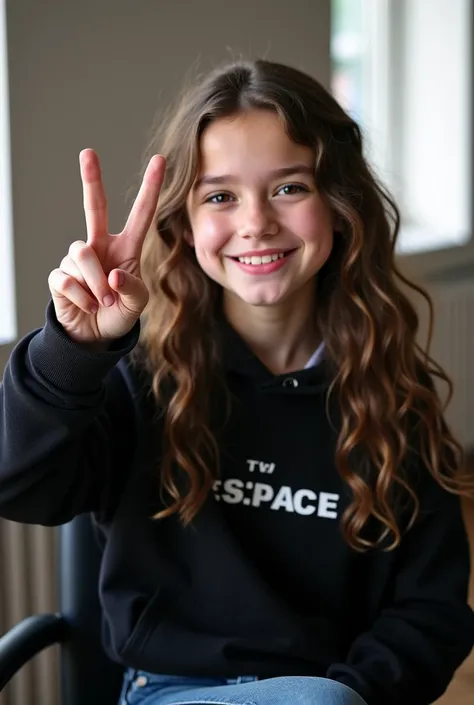  A beautiful teenage girl in a room with natural lighting, simple walls. Her hair is long, medium and curly in brown, wearing a polite black hoodie , With a name on the hoodie .   She smiles towards the camera, her hand is raised in the peace movement (v)....