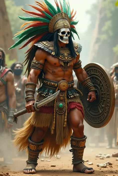  Overall appearance :**  
 The Aztec warrior is an imposing and terrifying figure ,  with an aura of power and mystery .  Her skin has a tan tone ,  but his face is painted to resemble a skull ,  with black and white details that The facial bones .  The ma...