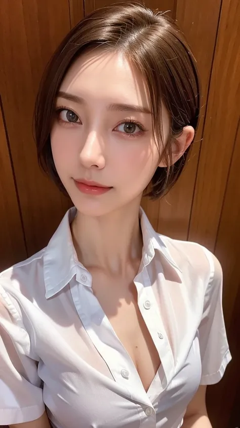  1 woman,32K, mature women,masterpiece, slim slender, is present, adult sex appeal,(Ultra short hair),( medium chest), Japanese, face with collar,( collared shirt :1.3),(bra visible through clothes:1.2),(open shirt), face where underwear is visible, beauti...