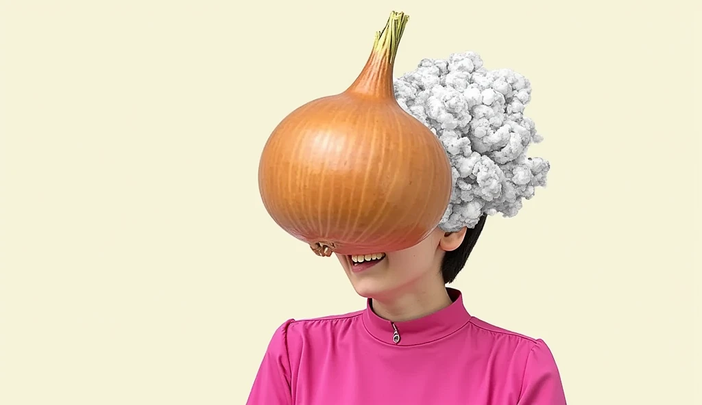 an illustration of a illustration character in an 80"s style pink blouse with an onion on the top of her head which blows smoke a square shaped head, Bauhaus,