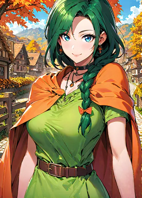 score_9, score_8_up, score_7_up, source_anime BREAK 1girl, solo,  dqBianca, single braid, hair over shoulder, earrings, choker, orange cape, green dress, belt, (large breasts:0.8), autumn, village, looking at you, smile