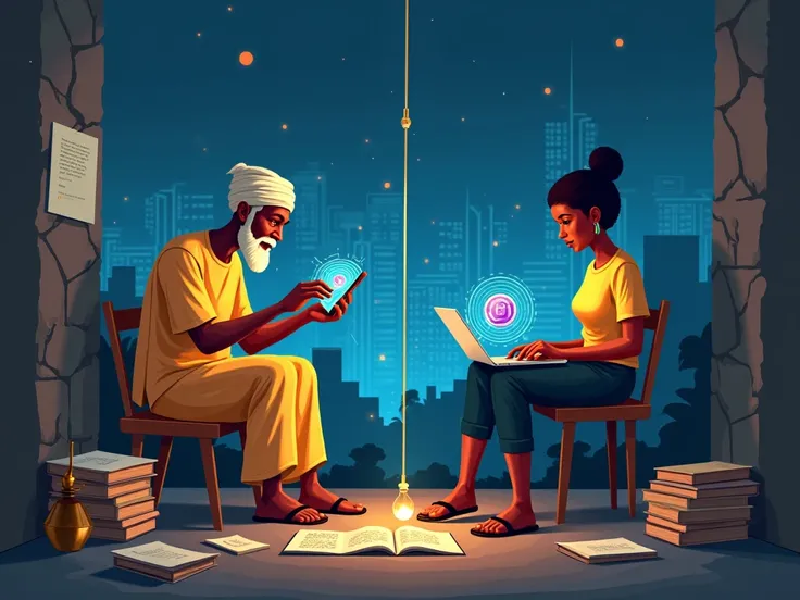 An artistic representation of AI illiteracy in Kenya. On the left, an older kenyan man wearing traditional Kenyan attire, sitting on a wooden stool, looks puzzled as he interacts with a basic smartphone displaying a confusing AI chatbot interface. He is su...