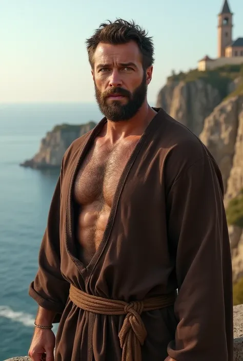 a muscular middle-aged handsome hairy man, open brown monk's catholic tunic, pubic hair, light hazel eyes, brown hair, beard, handsome, seaside cliff, distant church, (best quality,4k,8k,highres,masterpiece:1.2),ultra-detailed,(realistic,photorealistic,pho...