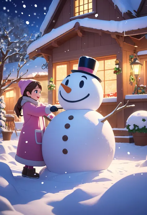 A  girl is happily sculpting a big snowman with a bucket on his head, in winter season, thick snow, colorful like a dream, in pink, Disney animation style, Disney animation movie style, ，，（（（the best quality）））， （（（the masterpiece）），expanded dynamic viewin...