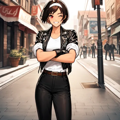 1 girl, solo, dark hair, shorthair, red eyes, narrow eyes, medium build, brown skin, (smiles showing white teeth) (thrips: 0.8), she is wearing ((black leather jacket with rolled up arms)), open jacket, fingerless gloves, white T-shirt, (( white headband))...