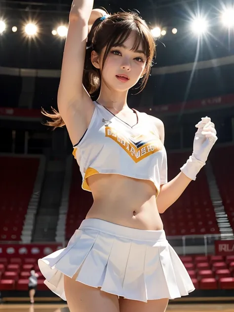 One girl, , Dancing, Small breasts, Slim legs, Cheerleader uniforms, skirt, White Cheer Gloves, stomach, Tilt your head, Arm open, from the front, ((masterpiece)), ((Highly detailed face)), Highest quality, Surreal, High resolution, Intricate details,(Beau...