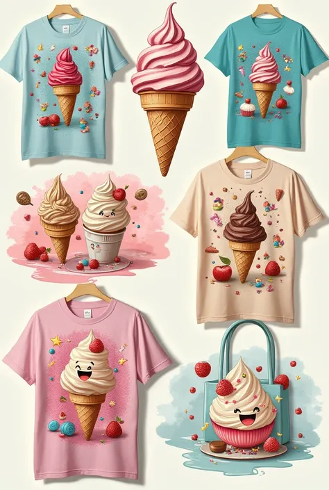 Merchandising products : t-shirts,  cups or bags with creative designs related to ice cream.