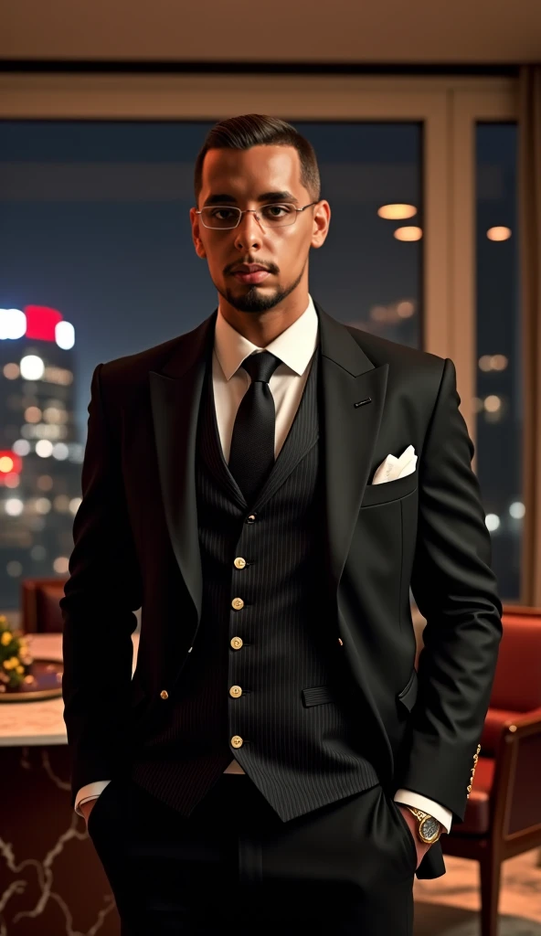 Ultra realistic image of a confident and imposing man in a gangster-corporate aesthetic, wearing a sleek, tailored black three-piece suit with sharp, defined edges. The double-breasted vest features subtle pinstripes, and the silk tie is perfectly knotted,...