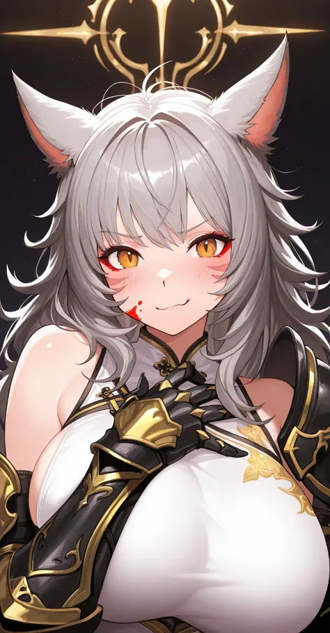 Masterpiece, Anatomically Correct, High Resolution, High Quality, 
Close up, portrait shot, focus on face, dynamic pose, 

Miqote ears, ffxiv, final fantasy,
Cute, grey hair, messy hair, shoulder length hair, amber eyes, red whisker face paint, black with ...