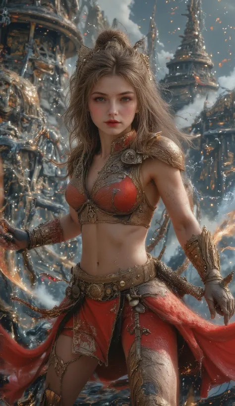 ((  full body, Wide shot:1.5)), A majestic, imposing ,   Female magic warrior  ,   war posture  , ,   detailed face ,   beautiful eyes , Intricate Armor,   glowing magical energy  ,   cinematic lighting , dramatic colors,  fantasy landscape,  epic scale , ...