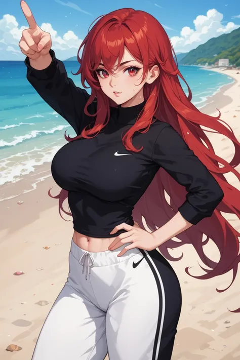 An anime-style illustration of a tall and confident 18-year-old red-haired girl with long, wavy hair and striking all-red eyes..  She has a sporty yet elegant physique with a toned build .  She wears an elegant tight black shirt and black sweatpants ,  com...