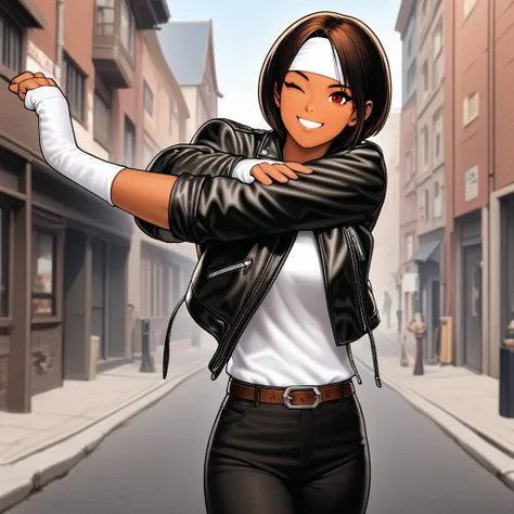 1 girl, solo, dark hair, shorthair, red eyes, narrow eyes, medium build, brown skin, (smiles showing white teeth) (thrips: 0.8), she is wearing ((black leather jacket with rolled up arms)), open jacket, fingerless gloves, white T-shirt, (( white headband))...