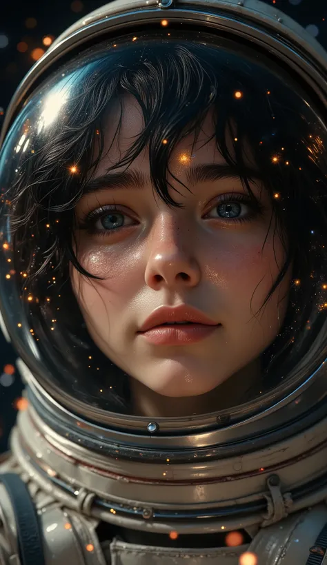 (Face close-up:1.5)0.9]、(Space and astronauts:1.2) (Messy black hair:1.1) (Heterochromia and black eyes:1.2) (Space Helmet:1.0) (Colored stars in the eyes:1.0) (Shining Sparkle:1.1) (Thick lips:0.9)、Stars reflected in the helmet々、Laughs and Tears