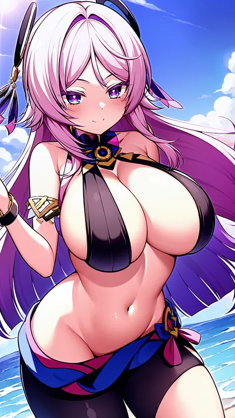 masterpiece, anime, 1girl, best quality, smile, happy, love, swirling wind, blue sky, pink hair young woman  , (extremely large breasts:1.1), big cleavage, plunging neckline,