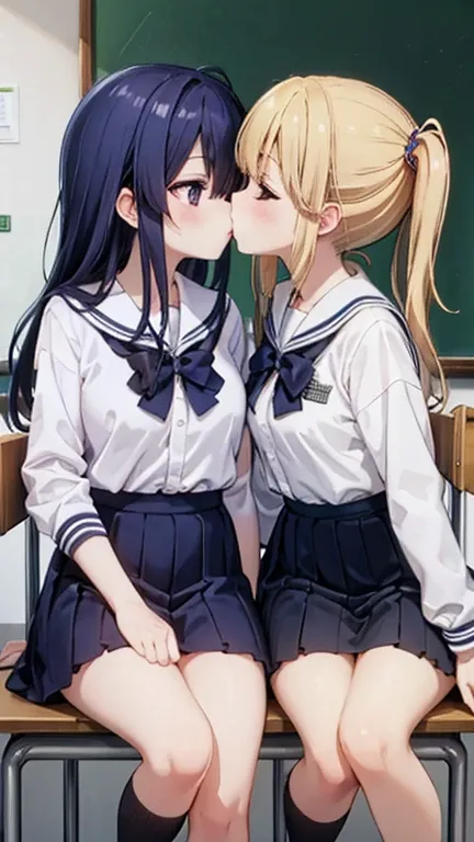 ( two women sitting next to each other:1.2), high school girl, Japanese,(Kissをしている:1.2),Kiss,uniform, school classroom,　　最 high quality、 high quality、超 high quality、 8k resolution、masterpiece、 Details、非常に Details、extremely detailed、 Super Fine、 super high ...