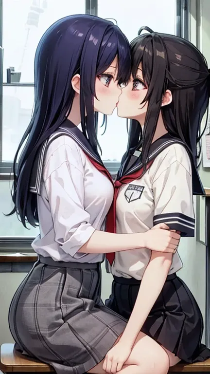 ( two women sitting next to each other:1.2), high school girl, Japanese,(Kissをしている:1.2),Kiss,uniform, school classroom,　　最 high quality、 high quality、超 high quality、 8k resolution、masterpiece、 Details、非常に Details、extremely detailed、 Super Fine、 super high ...