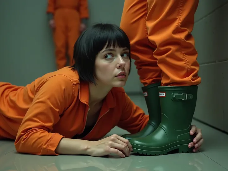 A 30 YO french girl in with short hair and fringe haircut, crawling on the floor. She's wearing a zipped orange prison jumpsuit and green Hunter rubber boots. She's kissing the boots of a female prisoner. Fullbody veiw