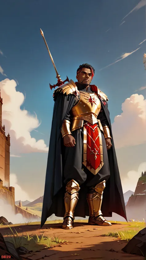 Create a dark-skinned African black man, With short black dread hair with red highlights, with goatee,  with blood red eyes ,  bronze armor with gold and diamond details black stones in, The man is on a battlefield looking down from a mountain to the castl...