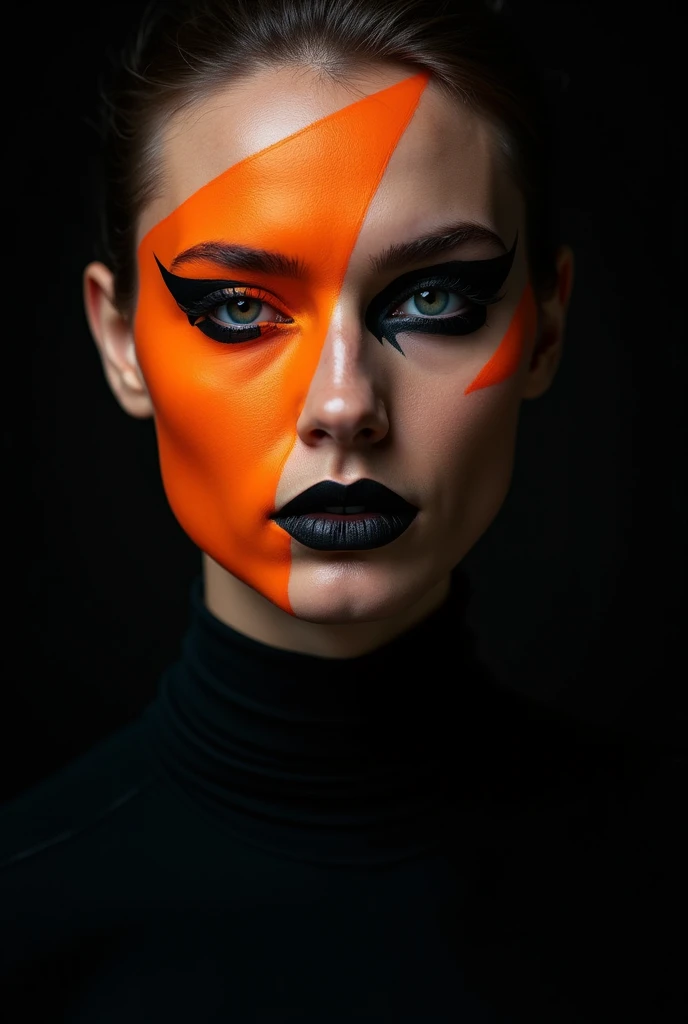 I want a makeup design with an exaggerated graphic eyeliner, With almost half a face, with the black background and the eyeliner in orange 