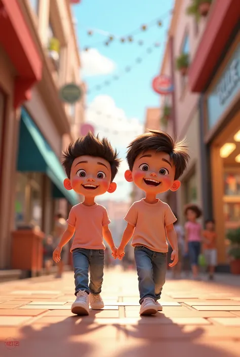 TETECO A  BOY ,Wearing a light pink t-shirt and jeans ,  sneakers walking around the mall with a redheaded friend of the same age, smiling and happy , STYLE 3d animation, disney pixar